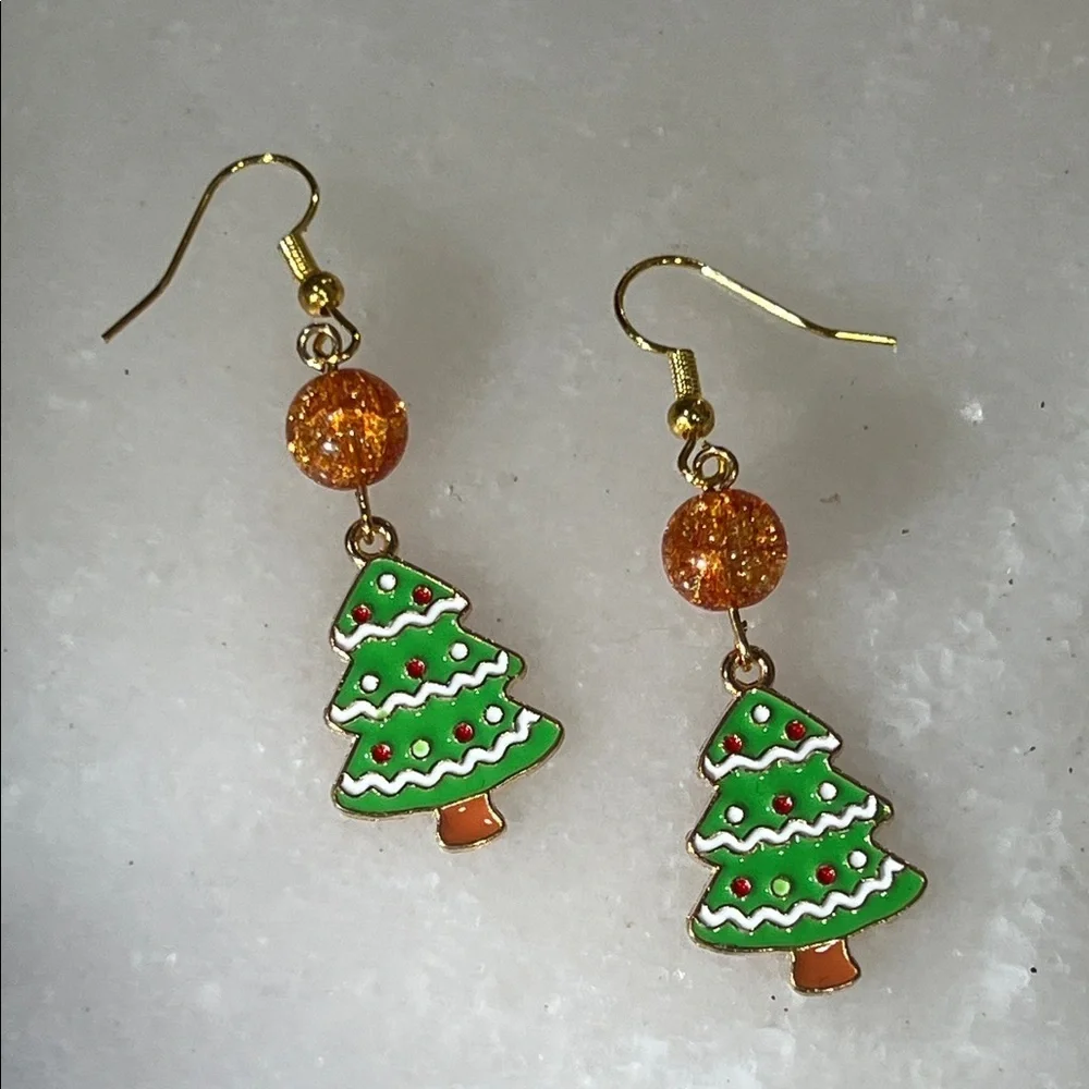 Holiday Tree Earrings with Gold and Green Accents